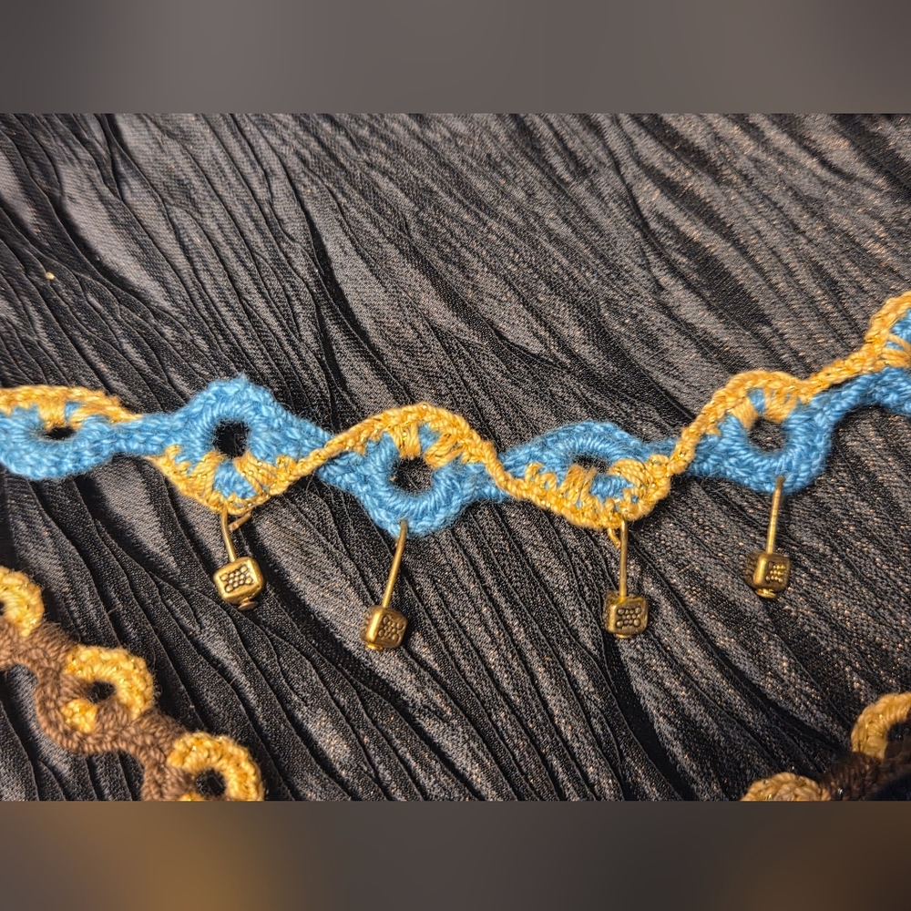 Handcrafted Blue and Gold Crochet Necklace - Picture 6 of 9